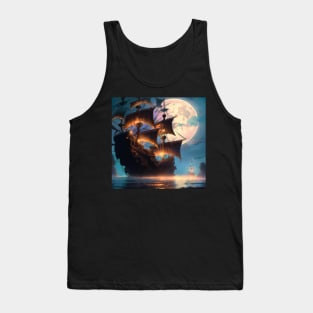 Majestic Pirate Ship: Aesthetic Fantasy Fiction Art Under Moonlight Tank Top